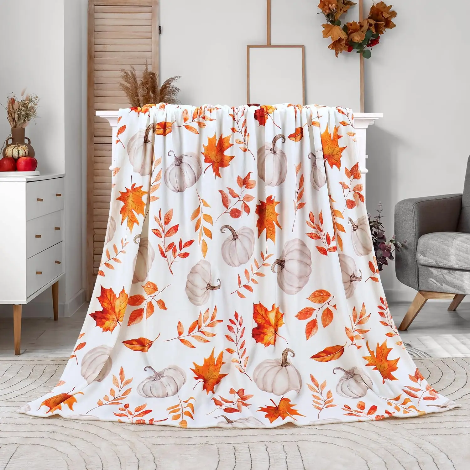 Fall Pumpkin Throw Blanket Autumn Maple Leaves Throw Blanket Flannel Fleece Fall Decor Thanksgiving Gift for Women Men Cozy Fuzzy Plush Throw Blankets for Bed Chair Couch 50