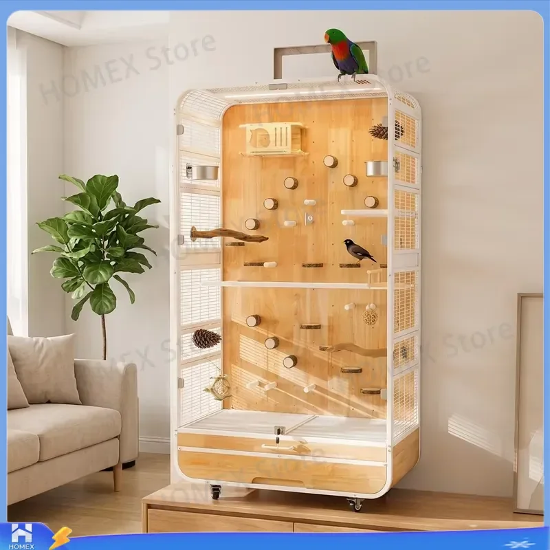 Large Panoramic Wood Steel Bird Cage Villa Style Tempered Glass Indoor Parrot Breeding Exhibition Hall with Safety Button