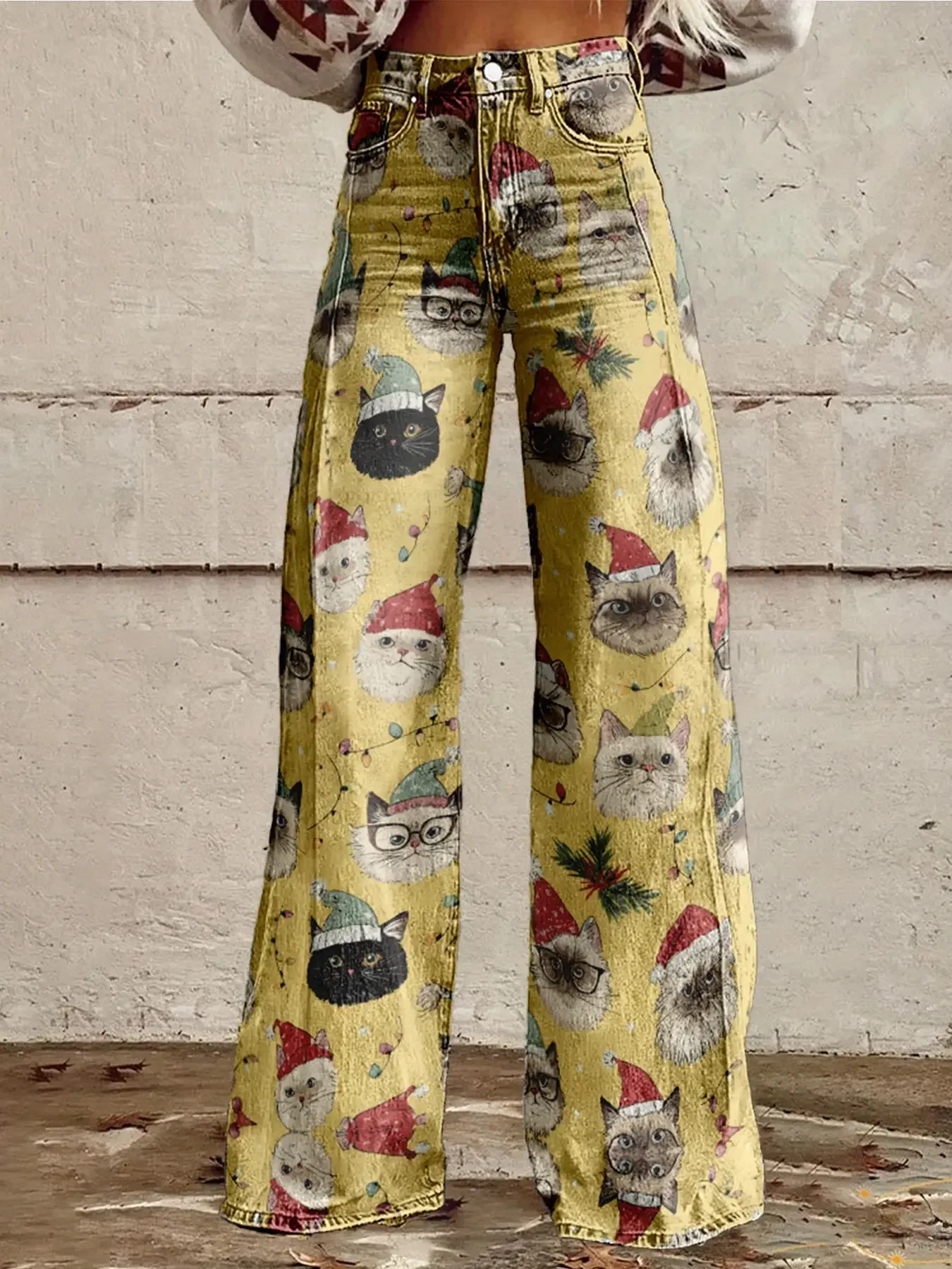 

Women's imitation jeans with printed high waisted flared pants, retro fashion, Four season casual/workwear