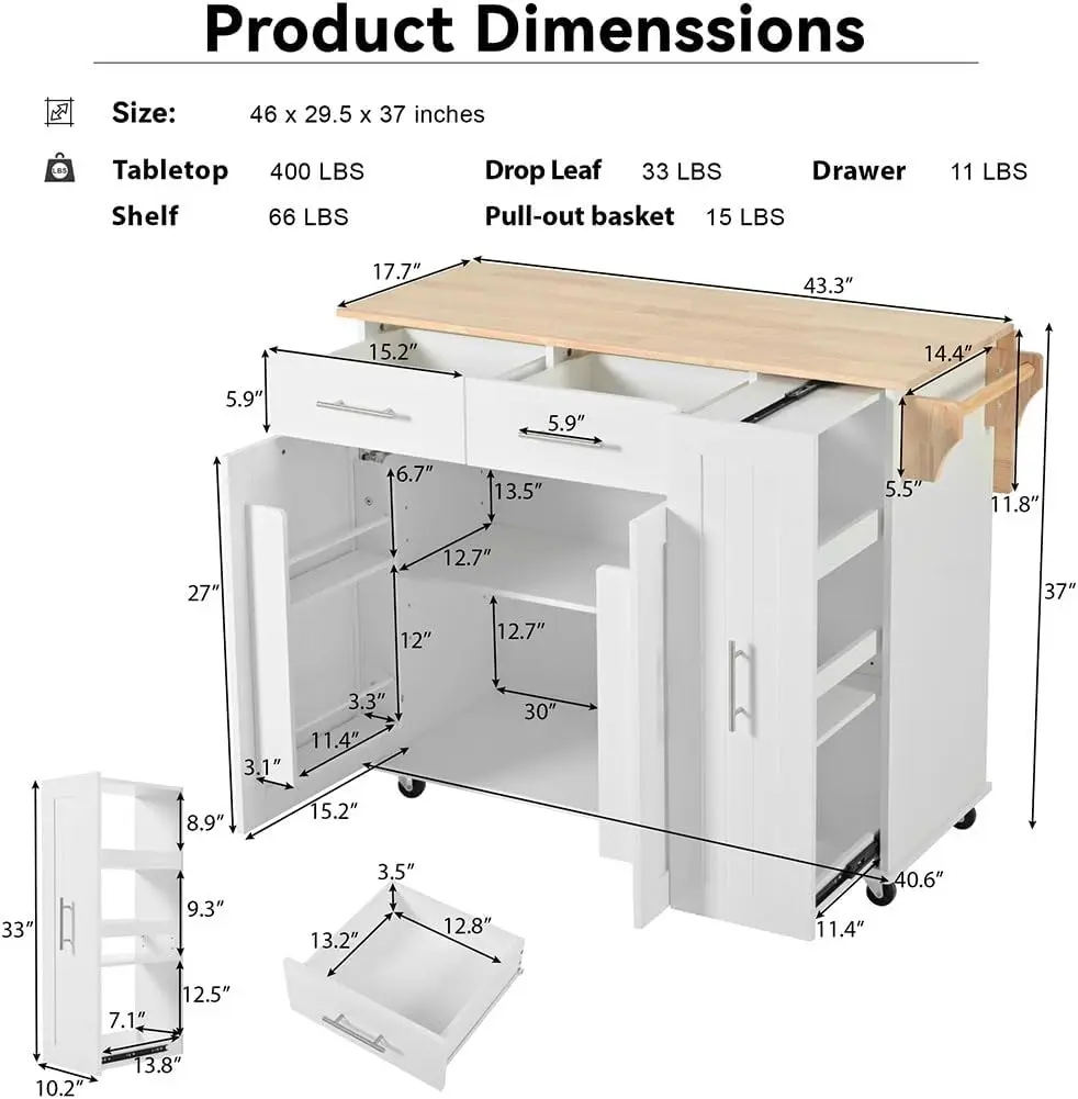 Mobile Kitchen Island On Wheels, Rolling Kitchen Island Cart with Drop Leaf, 3 Tier Pull Out Organizers, 4 Door Shelves