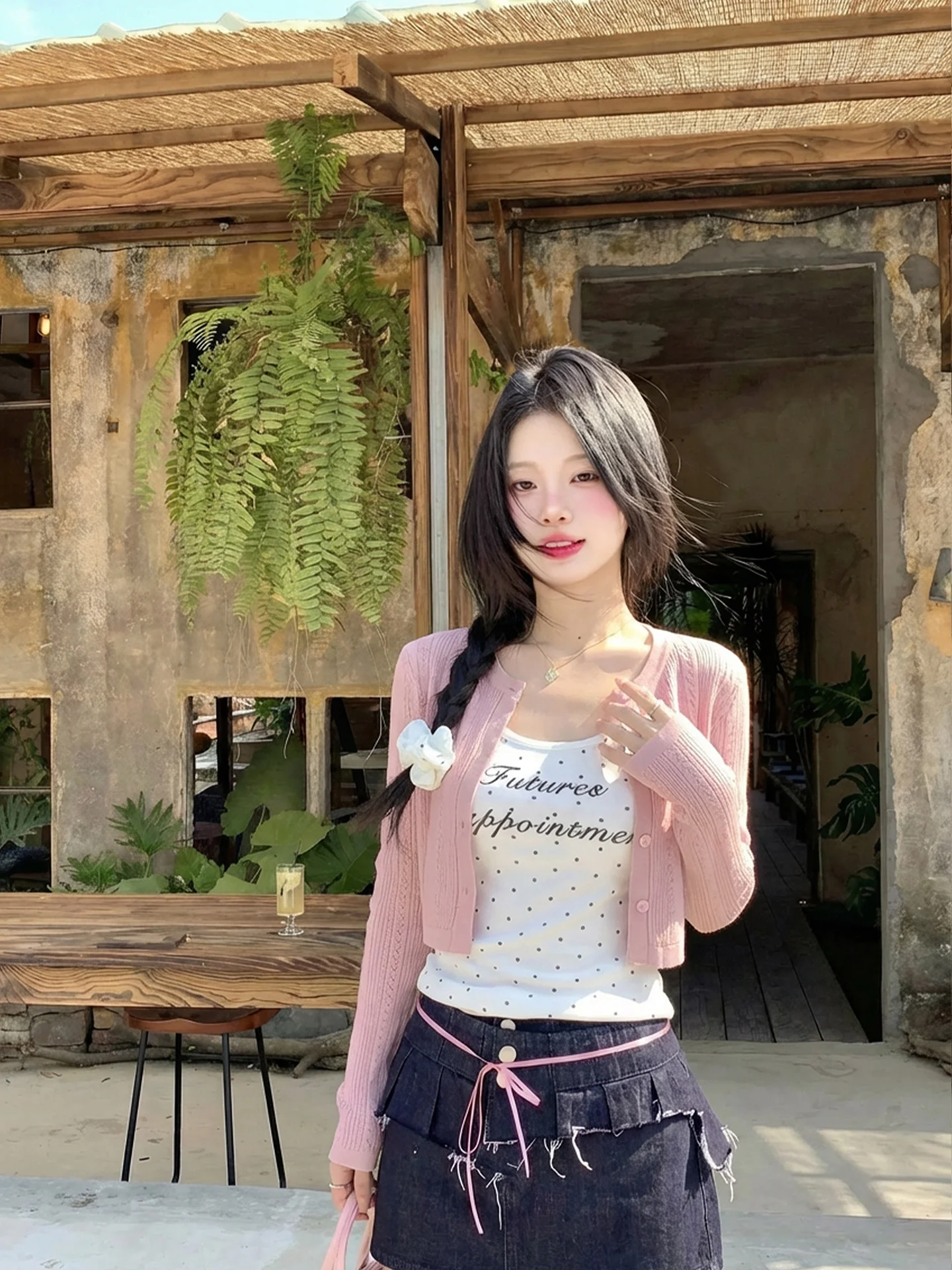 

Pink Knitted ort Coat for Women Beautiful Girl Sle Super Cute Spring Summer Open Cardigan Knitted Top Straight Tube ape