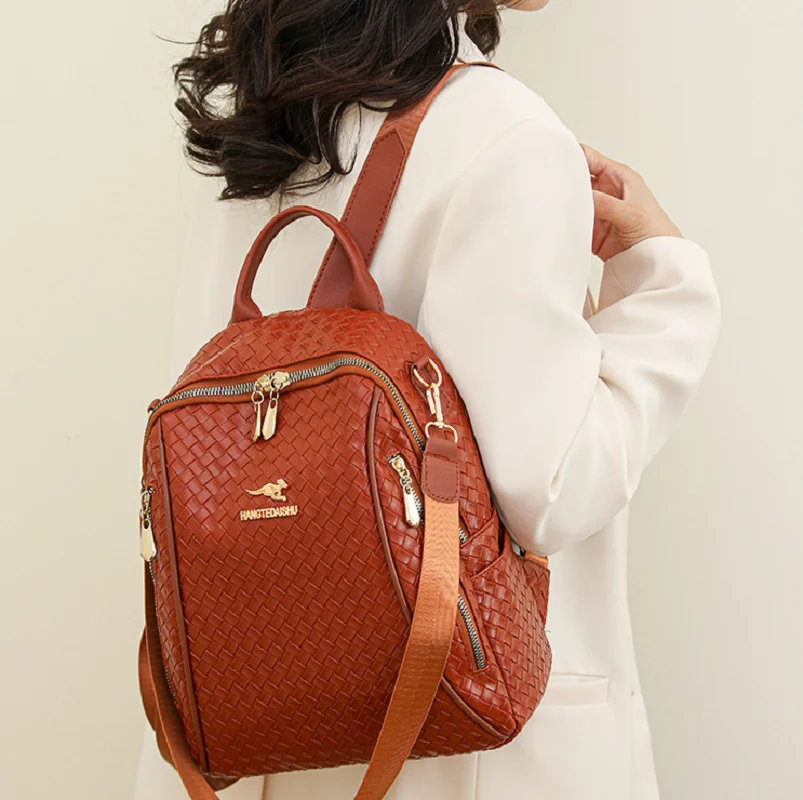 

2025 New Women's Fashion Luxury Weave Soft Leather Backpack High Capacity Travel Backpacks Casual Shoulder Bags School Bag Totes