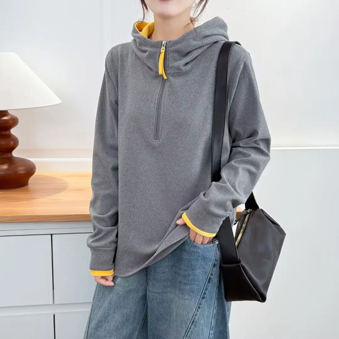 XXXXL Fashion Plus Size Damen-Kapuzenpullover 2025, Herbst-Winter, farbblockierter Reißverschluss, halboffen, langärmeliges Sweatshirt mit Kapuze 2583