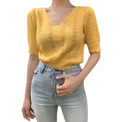 Womens Summer Tops Trendy V Neck Hollow Out Cropped Button Down Shirts Short Sleeves Blouses