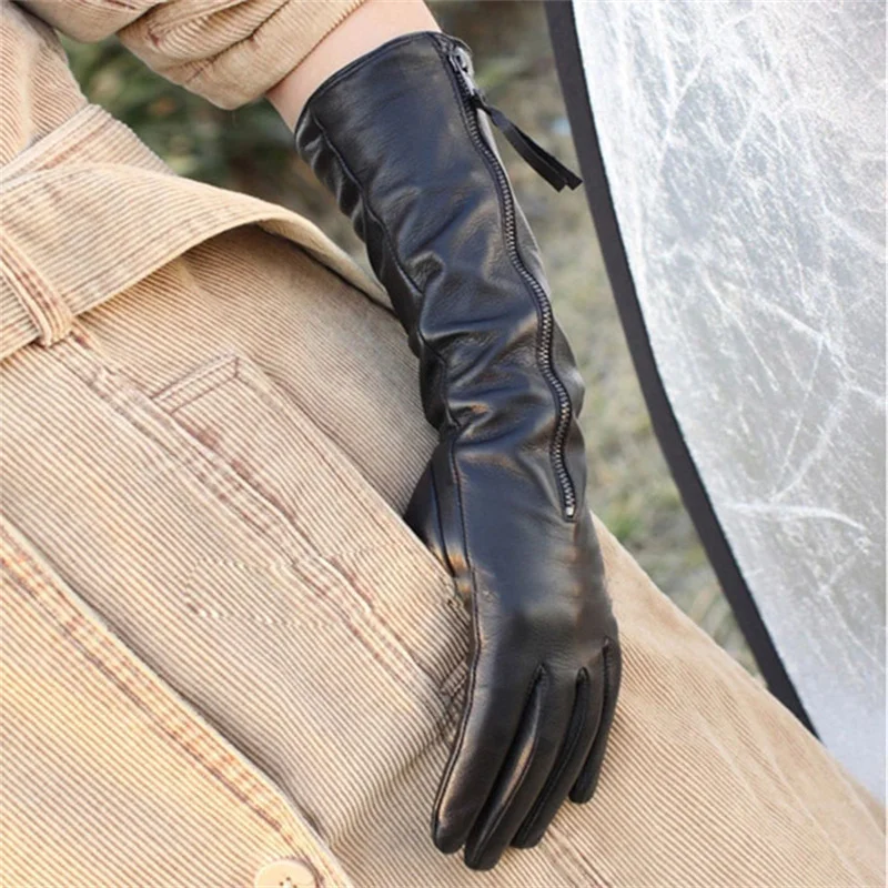 Women Gloves 35cm Long Genuine Leather Classic Black Fashion Zipper Real Sheepskin Gloves Female Autumn Winter Keep Warm L031NQ