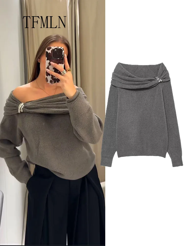 

TFMLN повседневные шикарные женские свитера, элегантные однотонные вязаные пуловеры с вырезом и длинными рукавами, модные женские осенние свитера 2023 г.