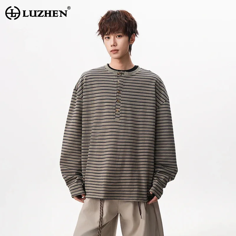 

LUZHEN Pure Cotton Striped Long Sleeve T-Shirt Loose Fit High Quality Handsome Round Neck Casual Men's Buttoned Pullover JY6116
