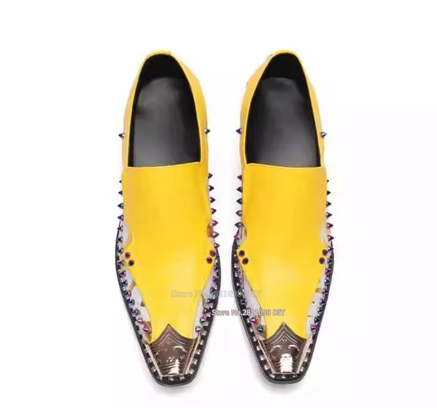 

European Trendy Party Shoes Yellow Leather Match Color Purple Gem Men Business Dancing Dress Shoes Point Toe Oxford Shoes