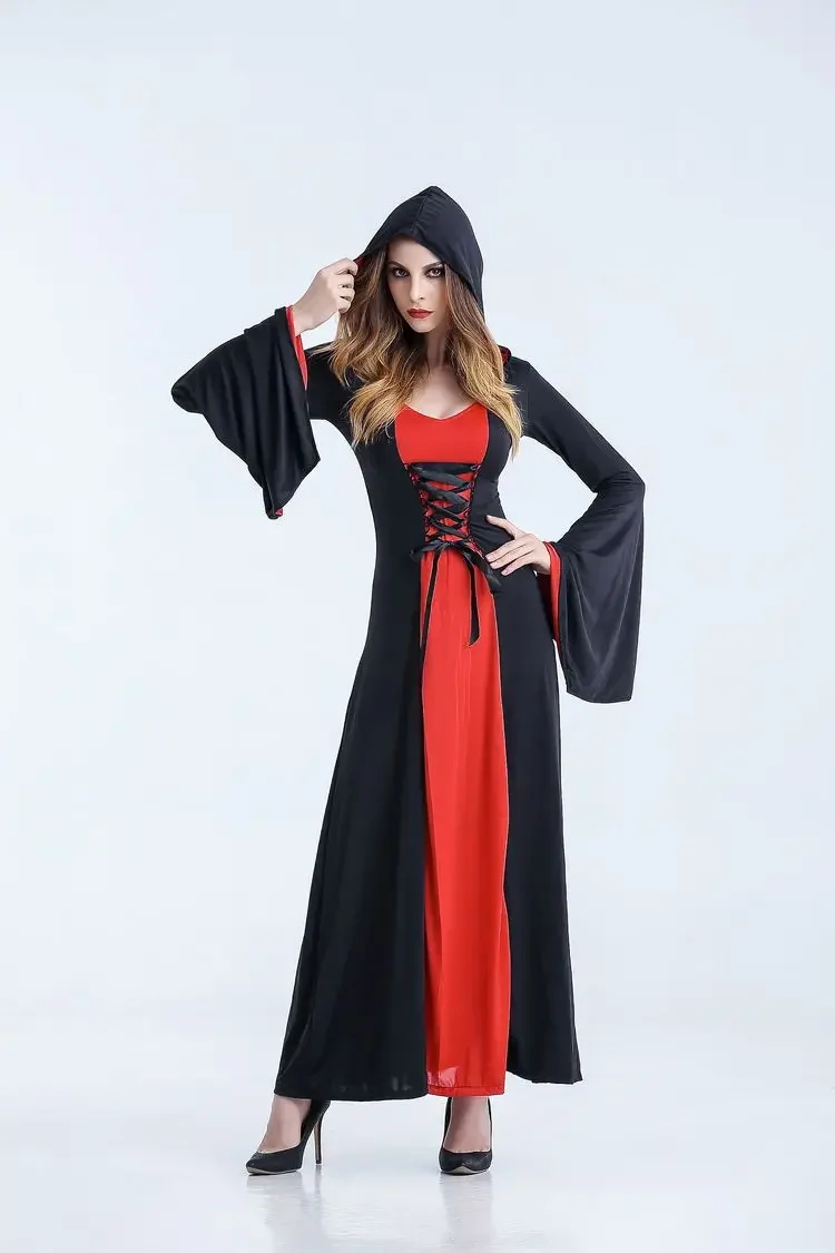 3 Color Medieval Gothic Vampire Witch Costume Adult Halloween Fantasia Party Masquerade Witch Hooded Dress