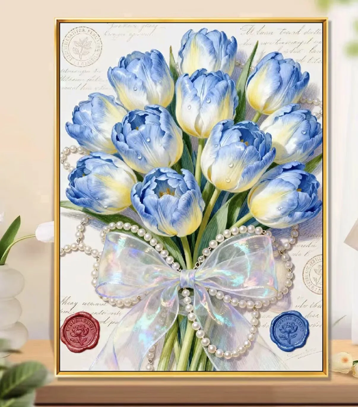 

9CT 14ct Blue Tulip Printed Kits Cross Stitch Embroidery DIY Needlework Set Home Decor Crafts With Needles Threads 48 Colors