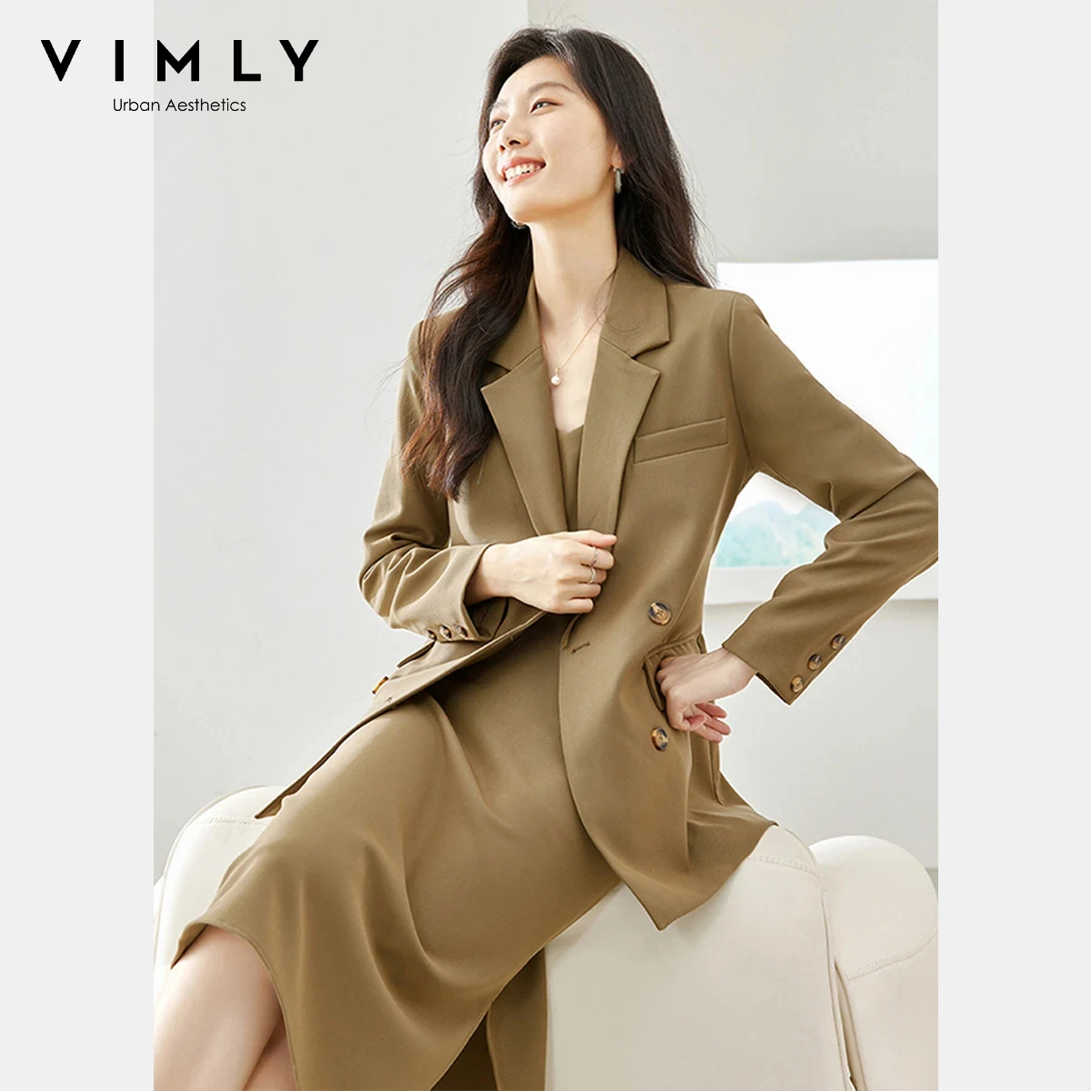 

Vimly Women's Two Piece Outfit 2025 Autumn Blazer Jacket & Back Slit Adjustable Strap Long Dress Formal Elegant Workwear M3535