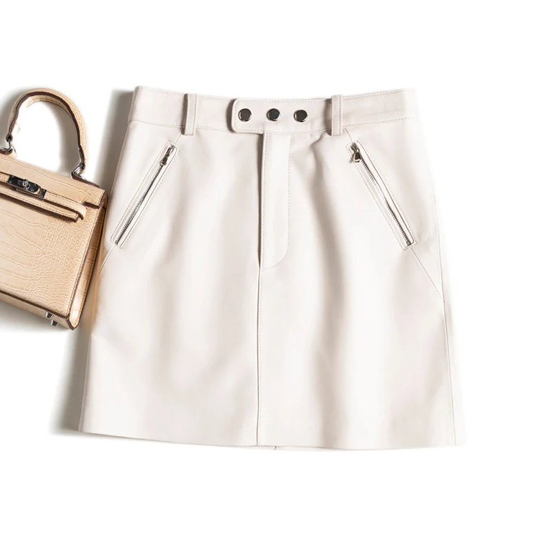 Genuine Leather Sexy Mini Skirt Women 2025 Spring South Korean Fashion High Waist Buttons Retro A-line Skirt