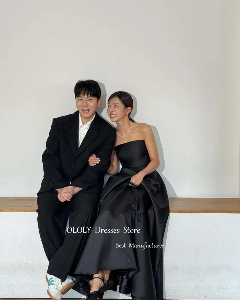 OLOEY Simple Black Korea Evening Dresses With Bolero Photoshoot Wedding Party Ribbon Satin Corset Back Formal Occasion Dress