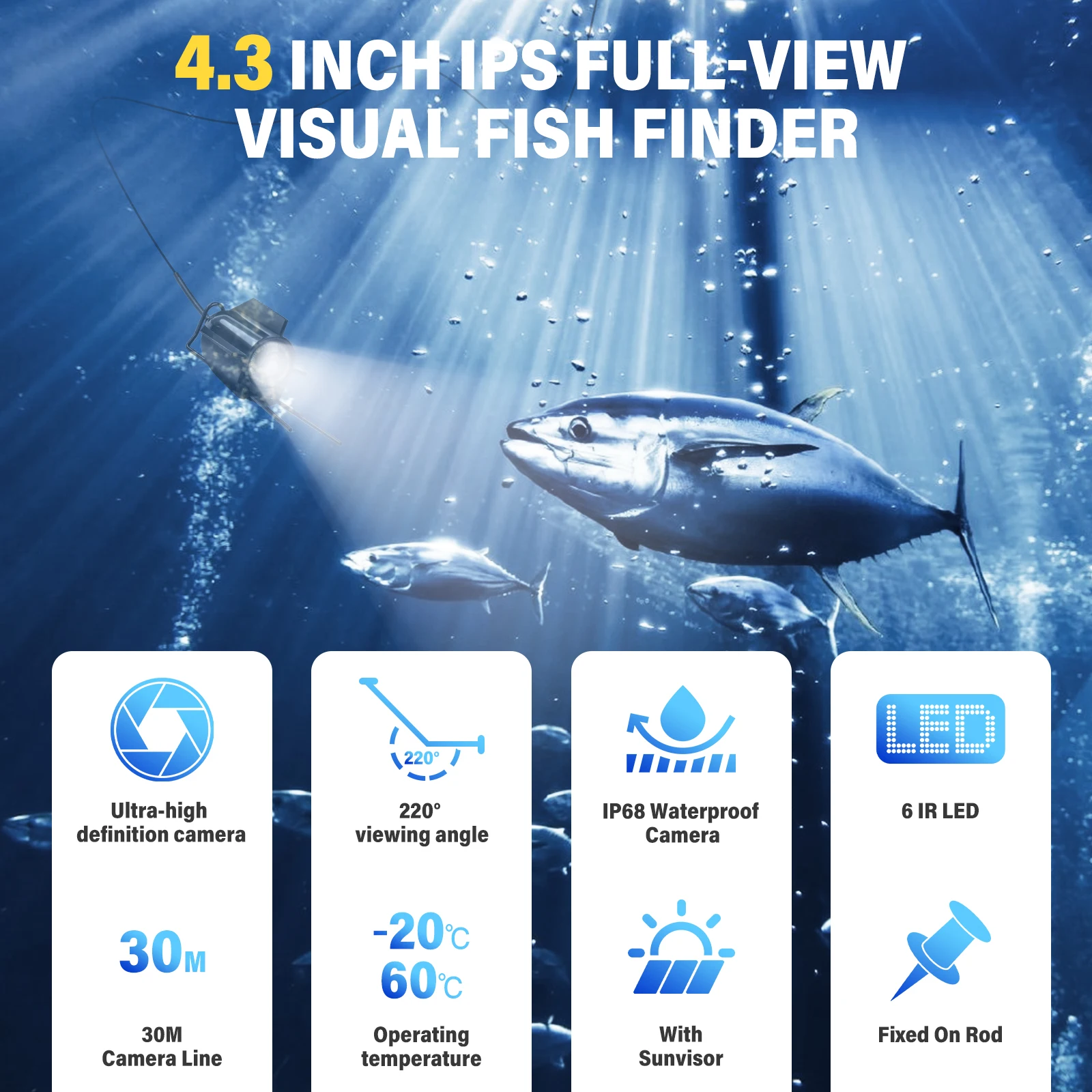 Fish Finder 4.3 inch IPS Display Underwater Fishing Camera Wide-angle Infrared Night Vision Host Waterproof for Ice River Boat