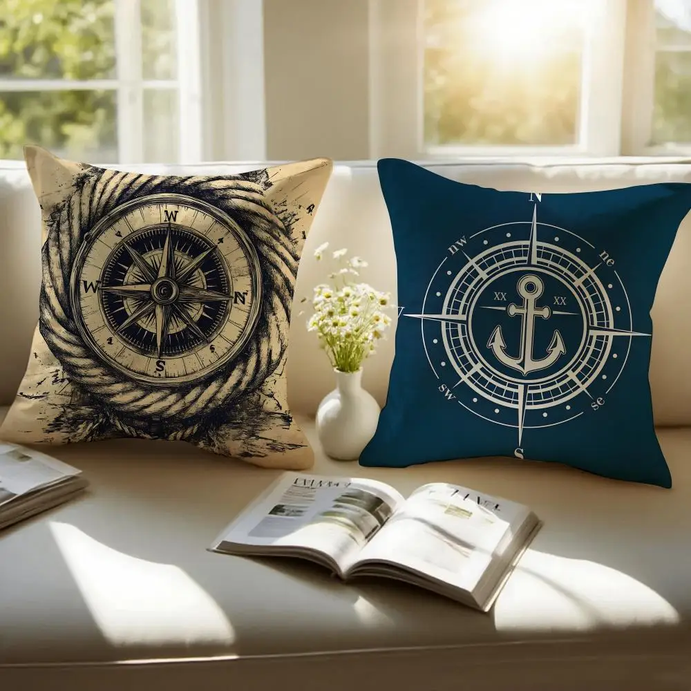 Ocean Blue Compass With Anchor Cushion Cover Plush Fabric Soft Double Sided Print Home Sofa High Quality Cushion