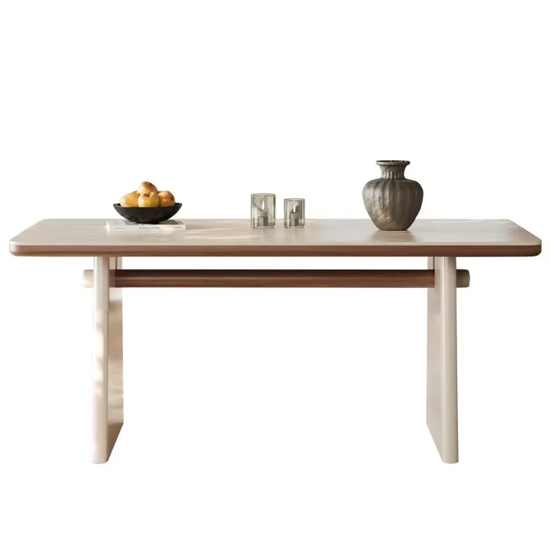 Cream Style Rectangular Dining Table, Sintered Stone Top With Solid Wood Pedestal Base, 6-Seater Modern Kitchen Table