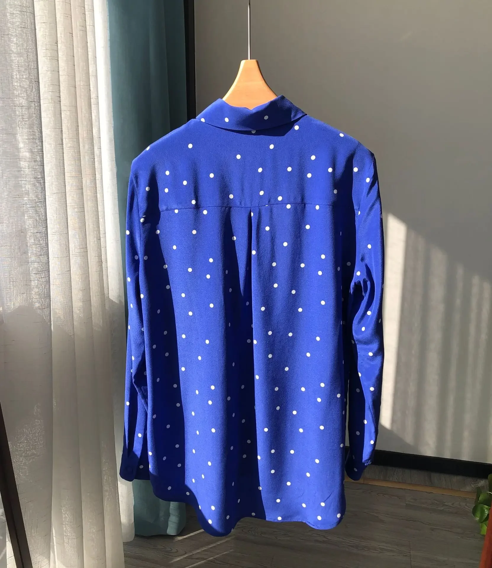 French Retro Sand-Washed 100% Silk Shirt Blue Dots Women Casual Top Elegant Shirts Office Lady Long Sleeve Shirts And Blouses