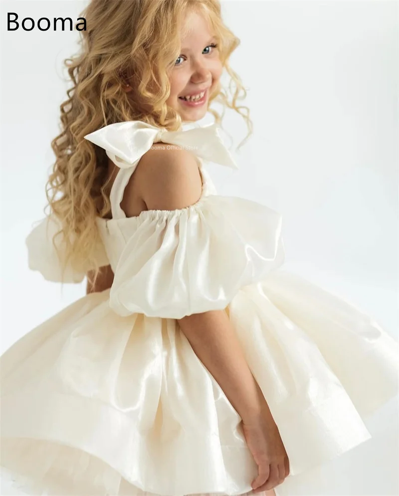 Booma A-Line Flower Girl Dresses Bow Satin Girls Wedding Party Dresses Sleeveless Off The Shoulder Gowns Customized