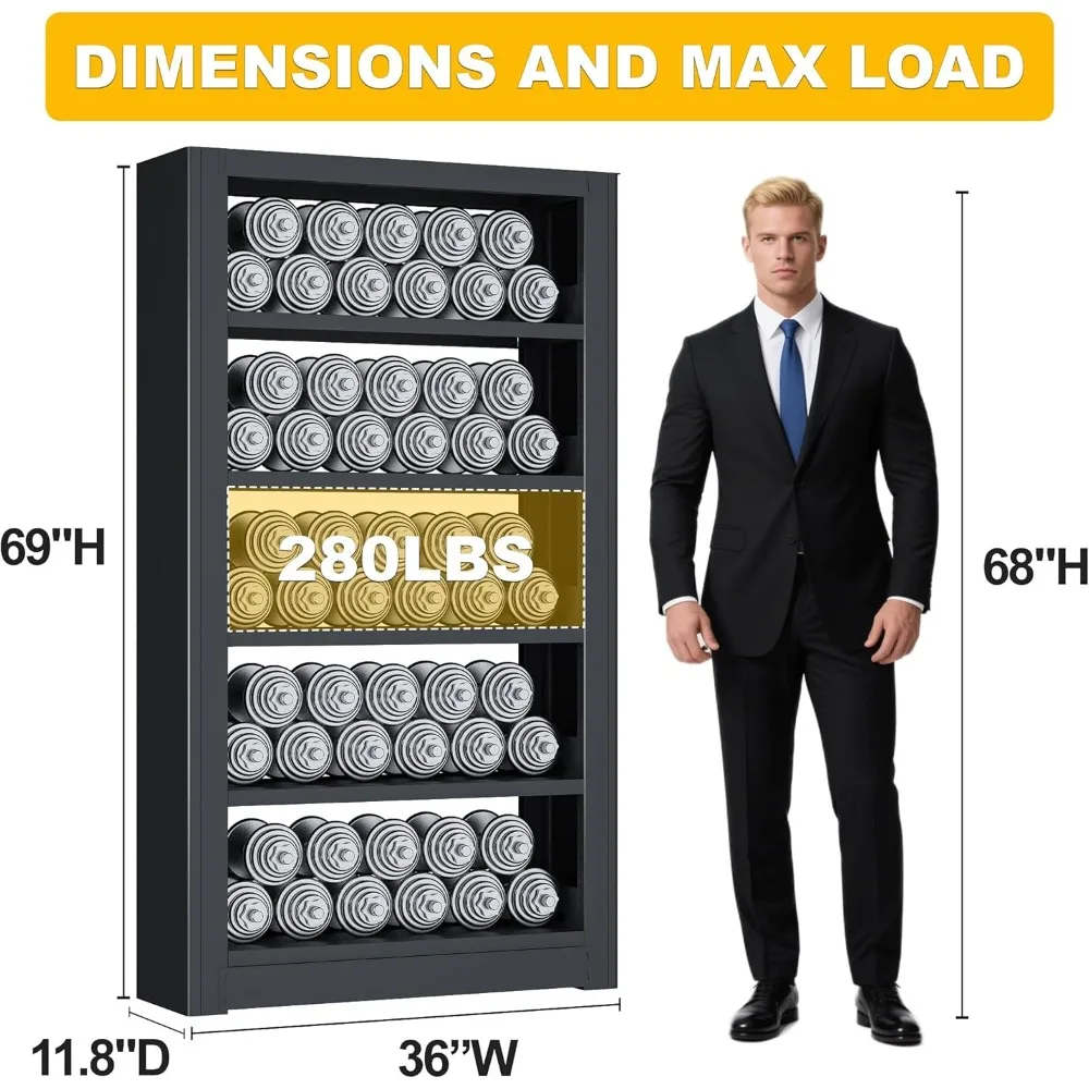 أرفف الكتب وخزائن الكتب، رف كتب بغلاف صلب للمكتب بعرض 36 بوصة، خزانة كتب معدنية سوداء مكونة من 5 أرفف، بطول 69 بوصة صناعية متينة