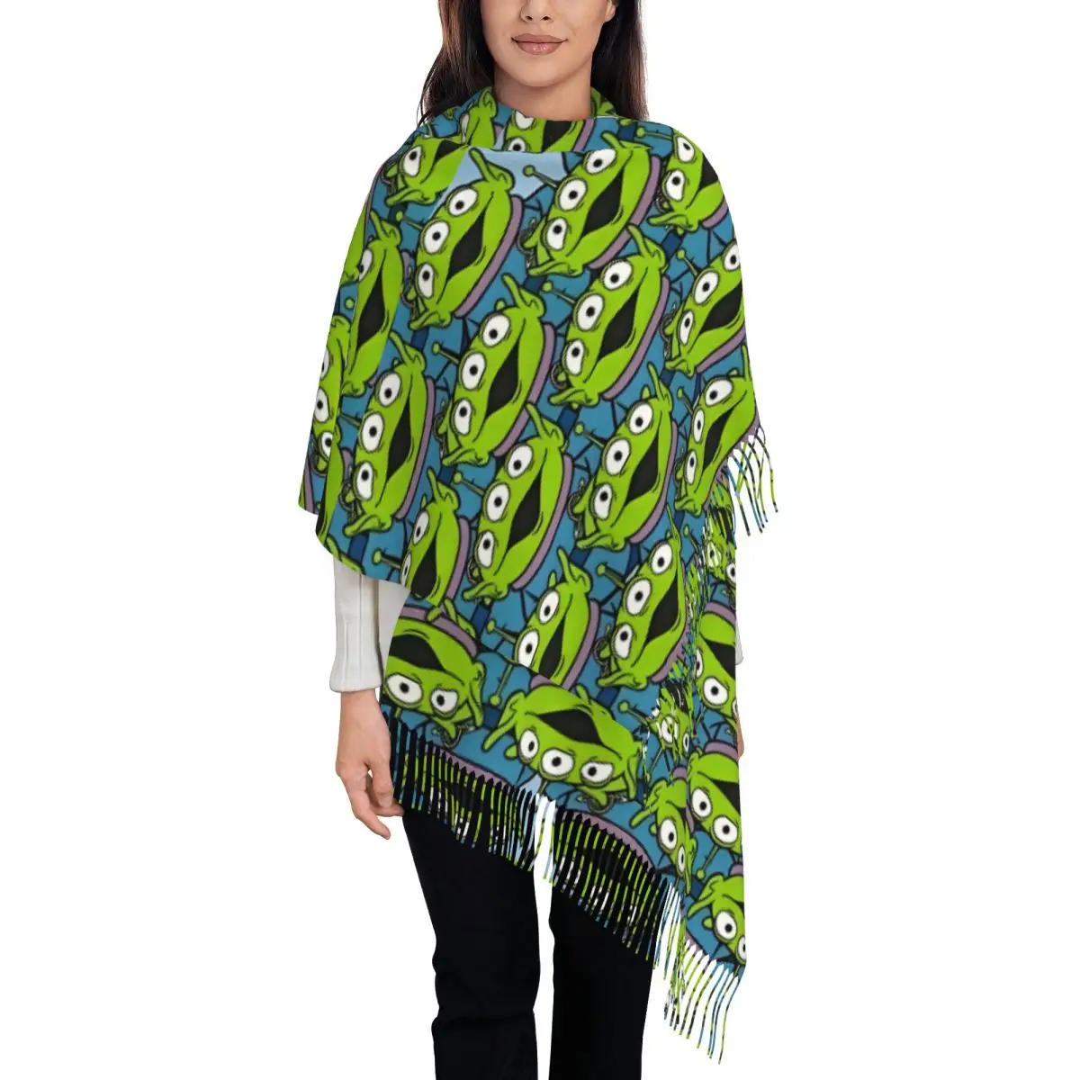 

Модный шарф с кисточками из мультфильма «История игрушек», женский зимне-осенний теплый платок, женские шарфы с тремя глазами инопланетянами