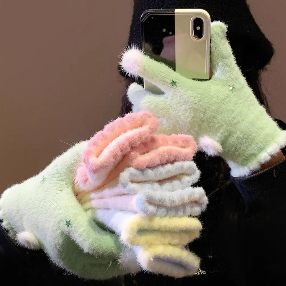 

Korean Style Warm Knitted Gloves Touch-screen Candy Color Full Fingers Mittens Cold Protection Comfortable Girls Winter Gloves
