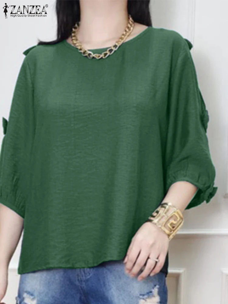 ZANZEA Fashion Bow Blouse Tops 2025 Women Elegant Office Work Tunic Casual Loose Solid Color O Neck Half Sleeve Loose Blusas