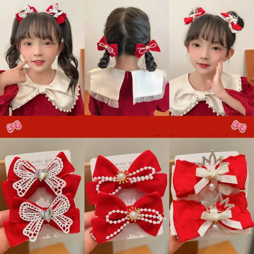 Sweet Plush Children Red Bow Hairpin Crown Cloth Hanfu Hair Sticks Pearl Bowknot Ancient Style Hairpin Girls