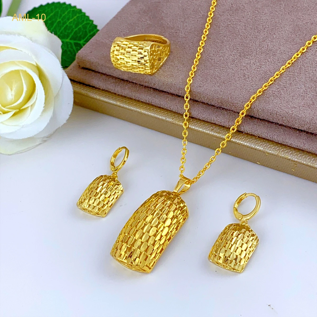 XUHUANG Dubai Gold Color Necklace Sets With Pendant for Women Ethiopian Bridal 3Pcs Jewelry Set Indian Jewellery Party Gifts 24k