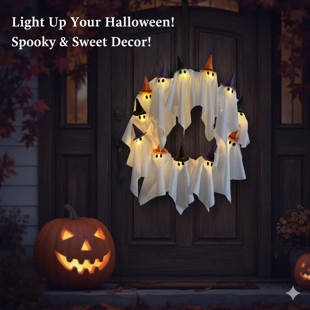 

Ghost Glowing Wreath Halloween Ghost Door Hanging Decoration For Festival Party Courtyard Indoor Bar Wreath Ornament