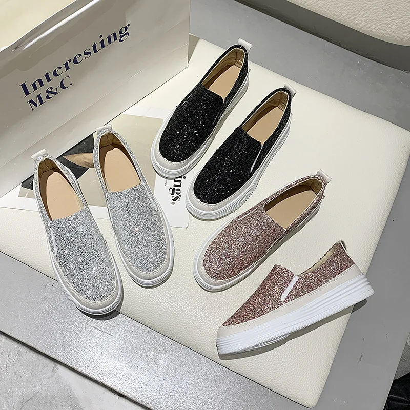 Slip-on Women\'s Shoes Flat Loafers 2022 New Platform Sequins Round Toe Casual Ladies Shoes Comfortable Bling Shoes Zapatos Mujer