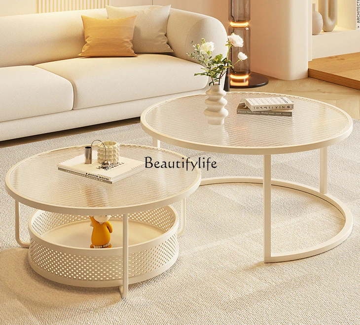 

Cream Style Sofa and Tea Table Living Room Home Small Apartment Tempered Glass round Tea Table