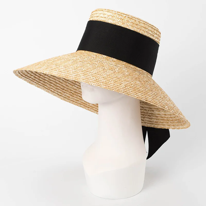 Sombrero de paja de playa para mujer, sombrero para el sol, con lazo, plano, de ala grande, para vacaciones, verano, 2024