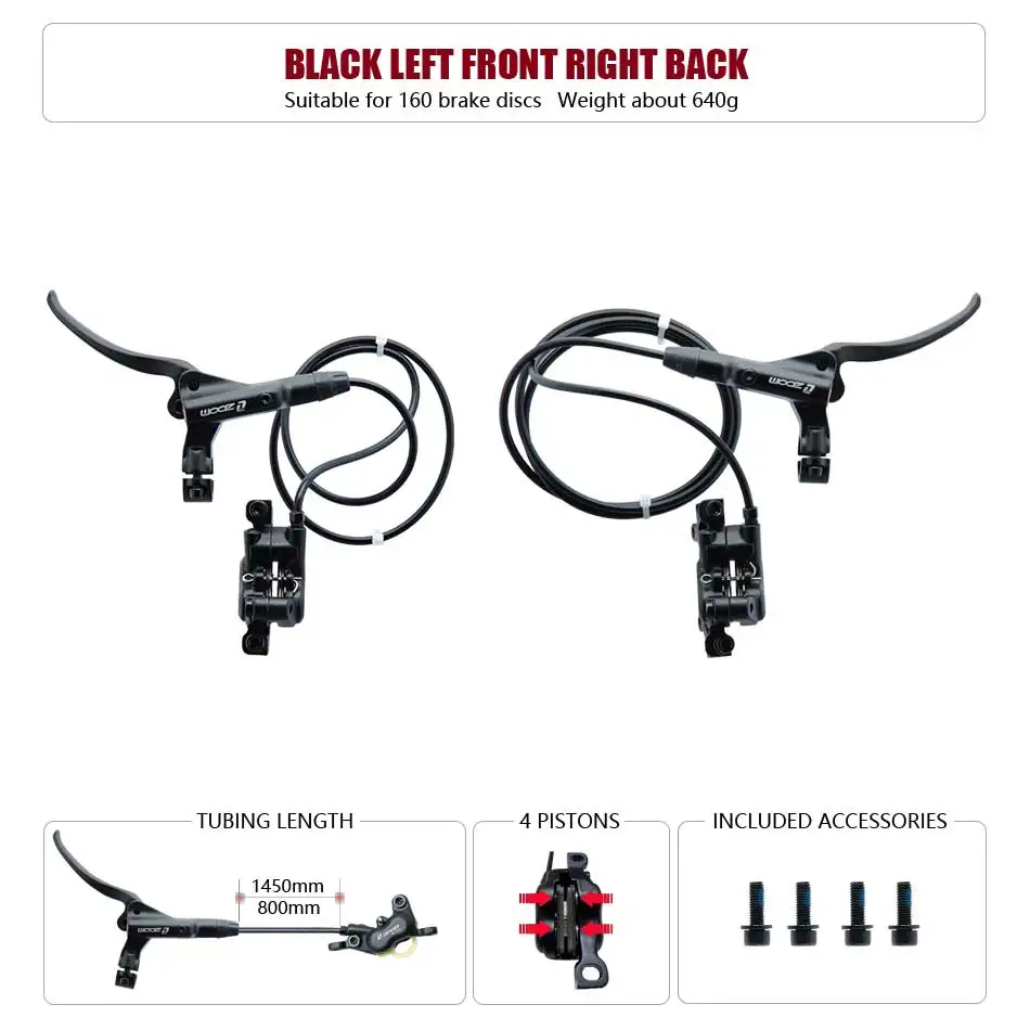 ZOOM HB-876 4-Kolben-Klapp-Mountainbike-Scheiben-Hydraulikbremsen-Set vorne 800 hinten 1400 mm MTB-Fahrradkrämpfe rot Fahrradteile