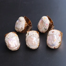 Micro Inlay Irregular Baroque Natural Pearl Open Ring for Women Boho Finger Wedding Jewelry with Tourmaline Wholesale