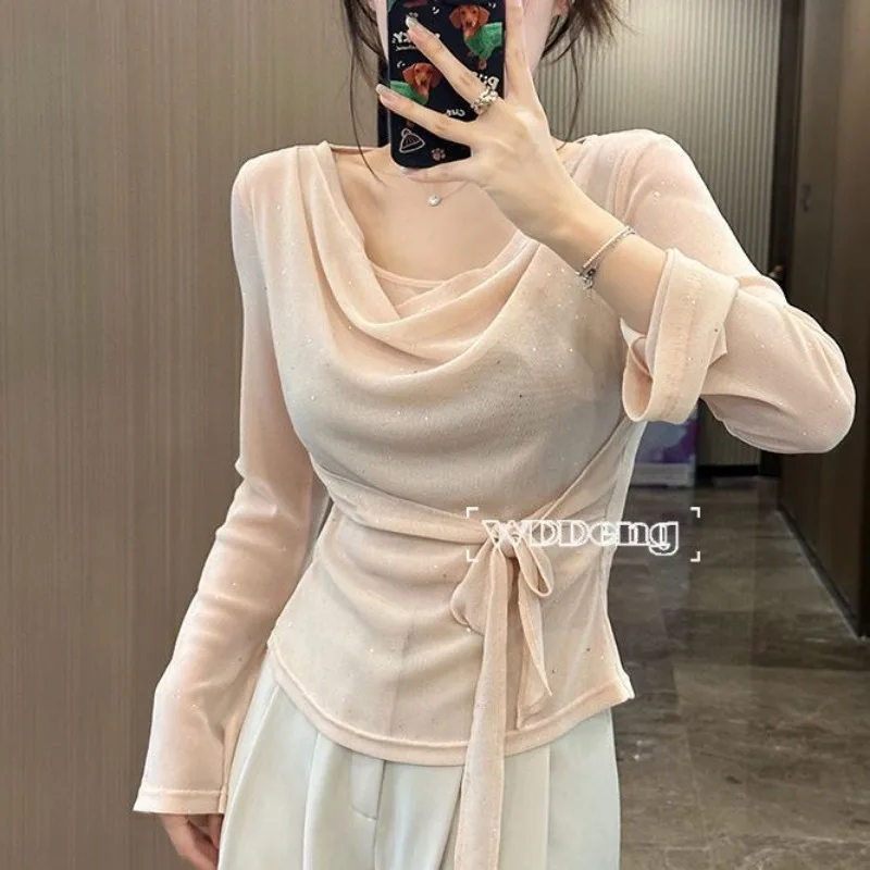 Solid Color Pullover Bottoming Shirt Sequined Temperament Irregular Spring and Summer Long-sleeved Mesh Top