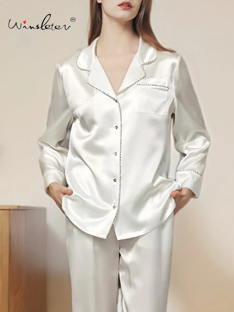 Winsleter-6A 22MM 100%Real Silk Elegant Women Pajama Set, Long Sleeve Solid, French Simplicity Homewear, 2026 Spring S61540CC
