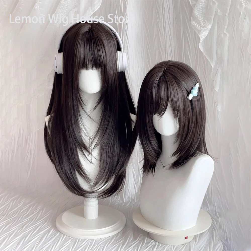

Brown Black Synthetic Wig for Women Layered Wigs with Bangs High-Layered Medium-length Straight Hair Heat Resistant Fiber Wig
