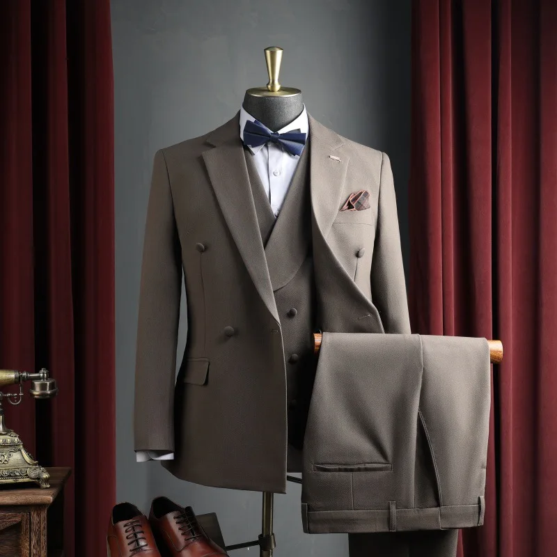 Man 3-piece Set Solid Color Blazer Men Turn Down Collar Double-breasted Vest Straight-leg Pant Male Simple Wedding Suit Outift