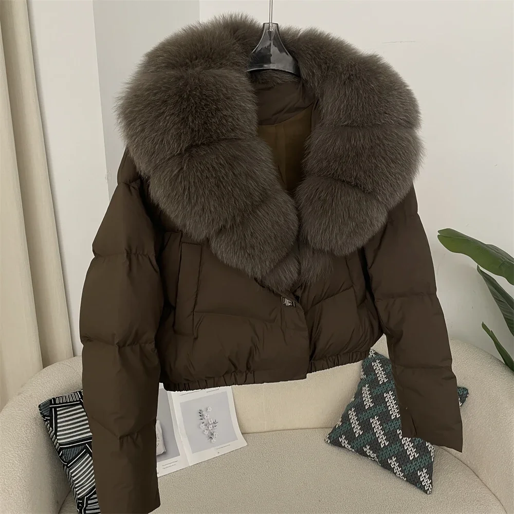 MENINA New Winter Jacket Women Big Real Fox Fur Collar Natural Thick Warm Duck Down Coat Short Outerwear Streetwear Loose Casual