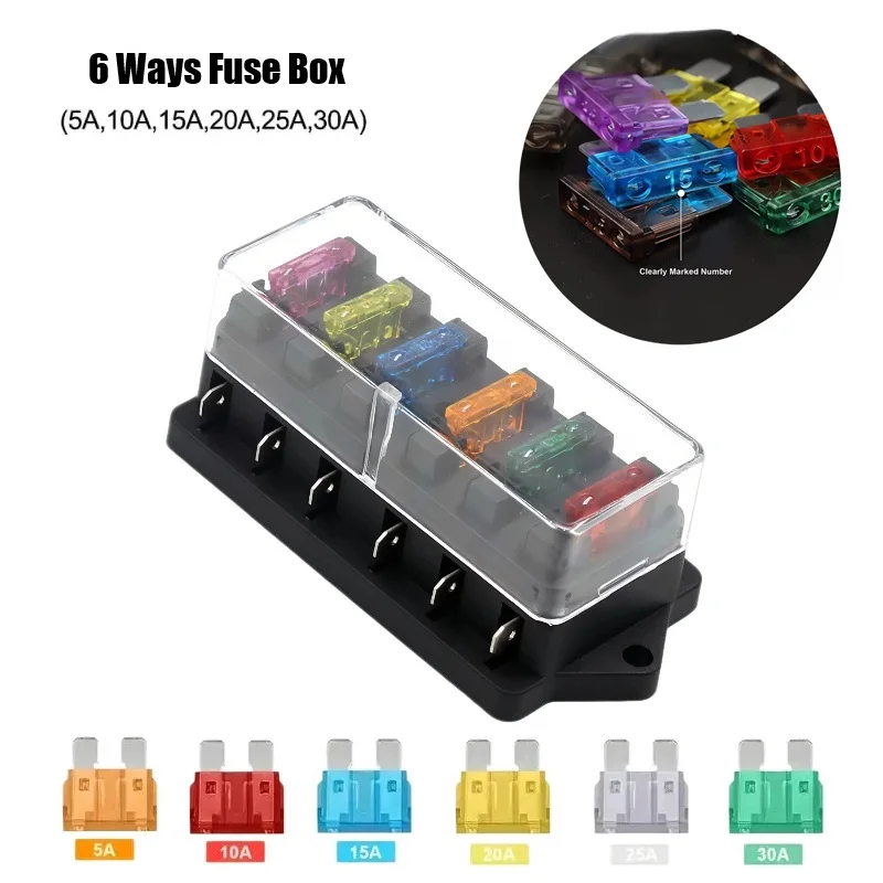 12V 24V 6 Ways Car Blade Fuse Box 5A-30A Standard Circuit Holder Block Power Accessories Set Panel For SUV Board Yacht RV Truck