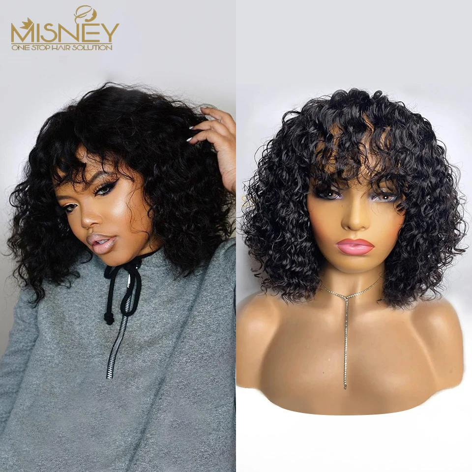 

Short Pixie Bob Cut Human Hair Wigs With Bangs Jerry Curly Glueless Wig Brazilian Remy Hair Water Wave Wigs For Women