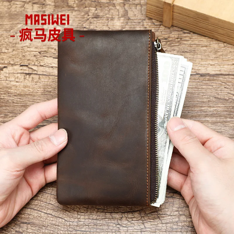 

Retro horizontal compact card bag, leather handcrafted coin bag, hand-held casual business light men's bag
