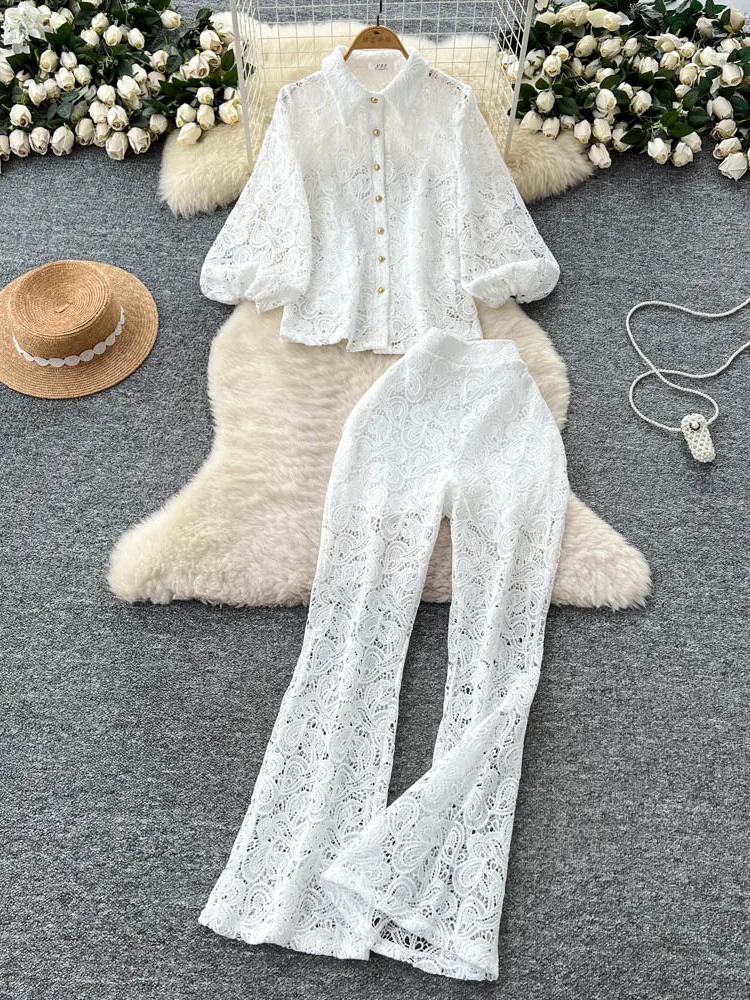 

Fashion Suit for Women Versatile Hollowed Out Long Sleeves Hook Flower Lace Top High Waisted Bottom Pants