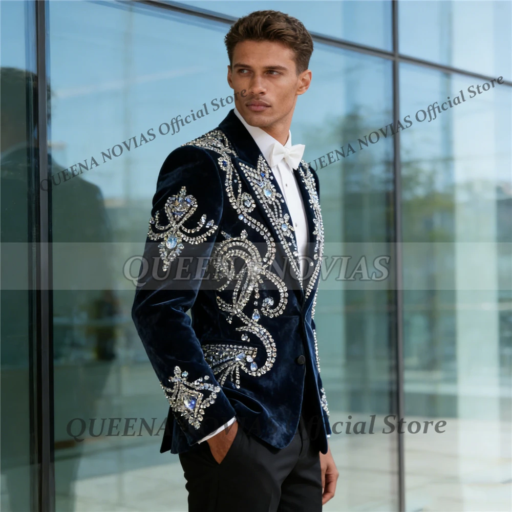 Male Fashion Velvet Groom Wedding Suits 2 Piece Sets Diamond Beaded Jacket Pants Customized Slim Fit Formal Wear Men's Tuxedos