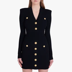 HIGH STREET Newest 2024 Runway Designer Fashion Women's Long Sleeve V Neck Metal Lion Buttons Knitted Dress