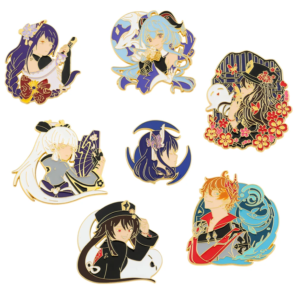 Genshin Impact Hard Enamel Pins, Hu Tao Raiden Ganyu Tartaglia Ayaka Character Metal Lapel Brooch Badge, Game Collectible Gift