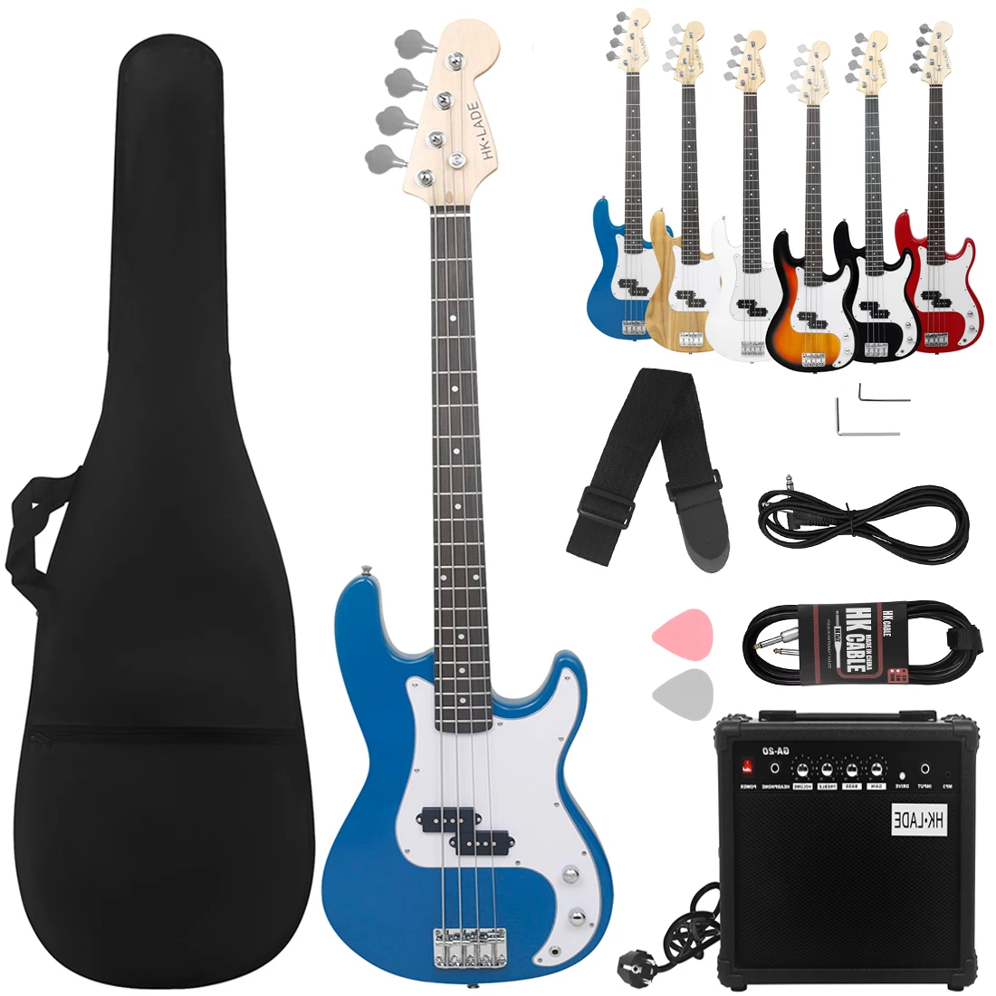 

Blue HK.LADE 20 Frets Electric Bass Guitar Maple Neck Body 4 Strings Bass Guitar with Amplifier Strap Bag Picks Parts