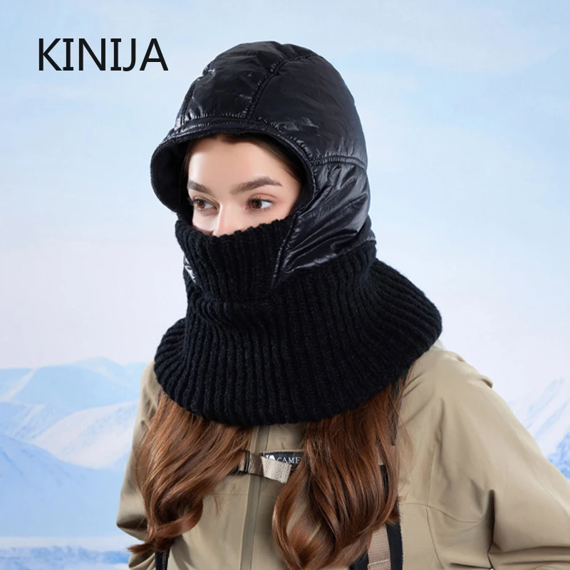 Женская зимняя цельная вязаная шапка с защитой ушей/шейи, утолщенная теплая шапка-балаклава для верховой езды, кемпинга, пешего туризма, кепка