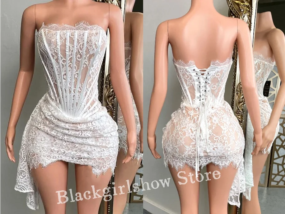 Sexy Lace Short Cocktail Dresses White Hollow Out Sheer Lace Applique Black Girls Formal Occasion Birthday Party Dresses vestido