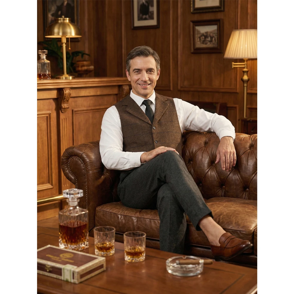 Men\'s Vest Green Vest Tweed Wool Waistcoat Slim Fit Lapel Plaid Suit Vest Herringbone Tweed Tuxedo Vest 2019 for wedding custom